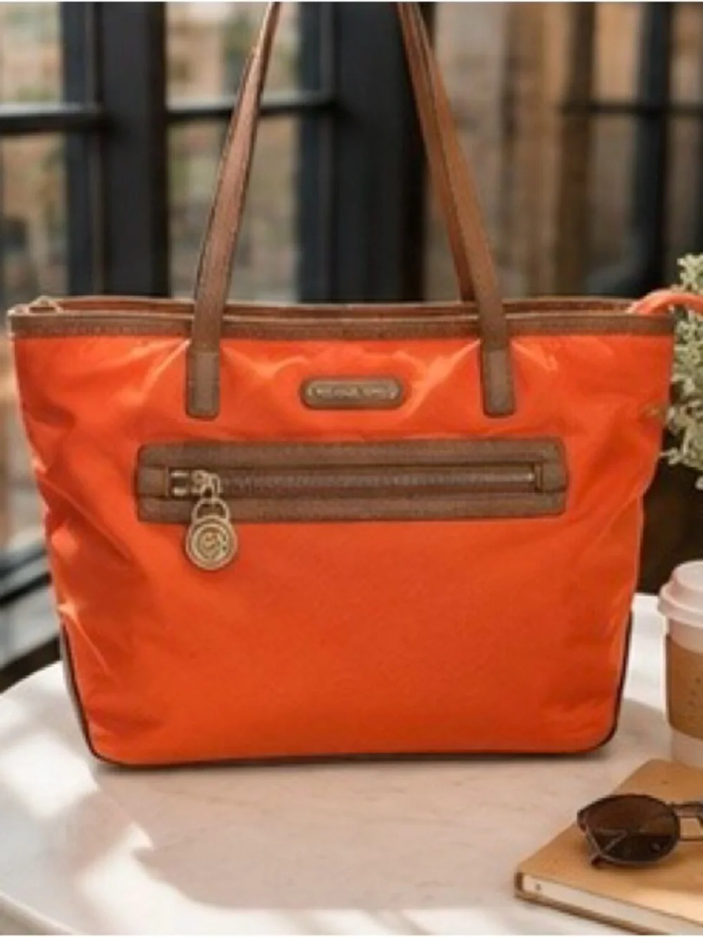 Michael Kors Orange Nylon Tote Bag | Leather Trim | Gold Hardware